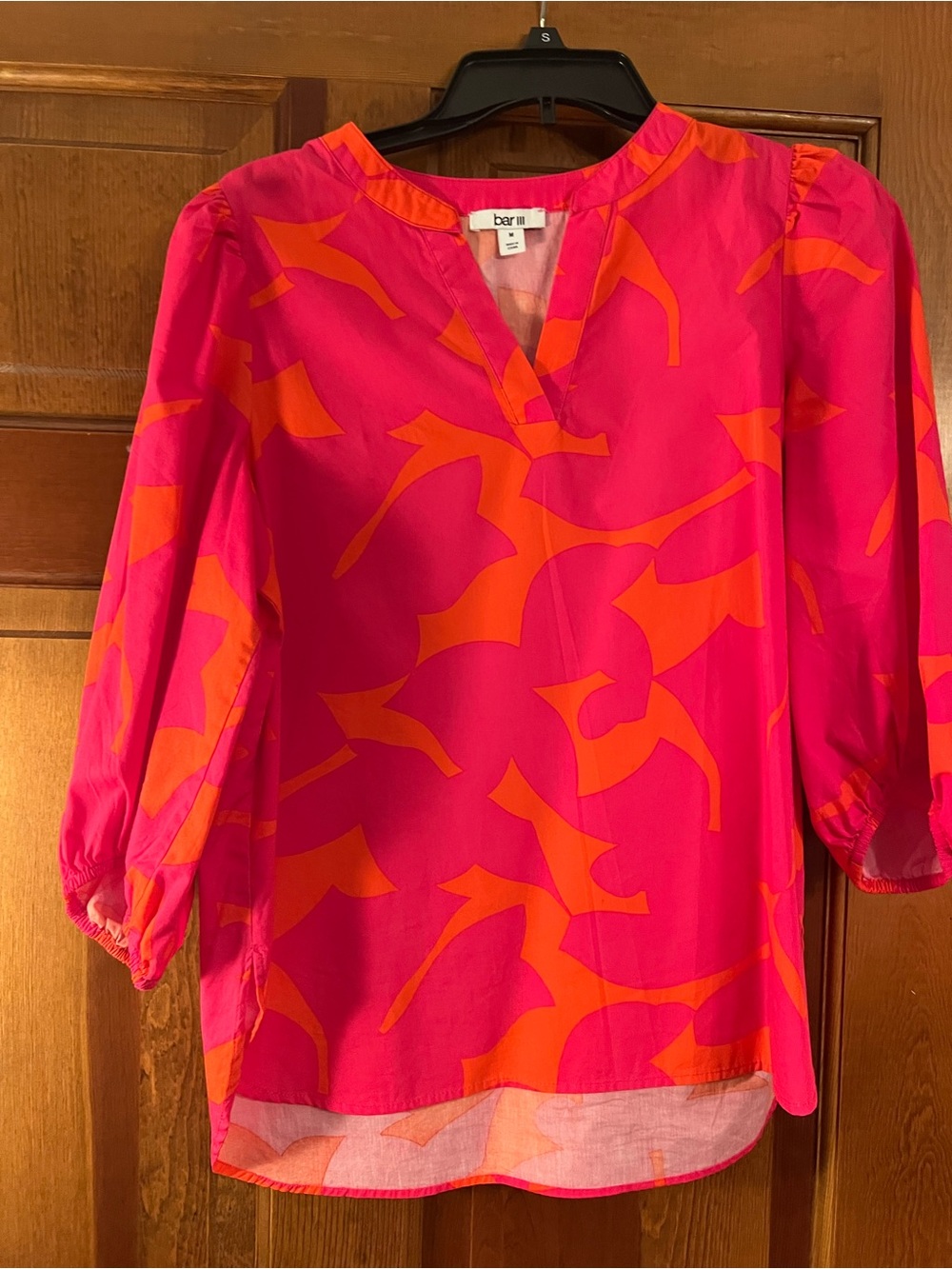 Bar III Pink and Orange Abstract V-Neck Tunic Blouse